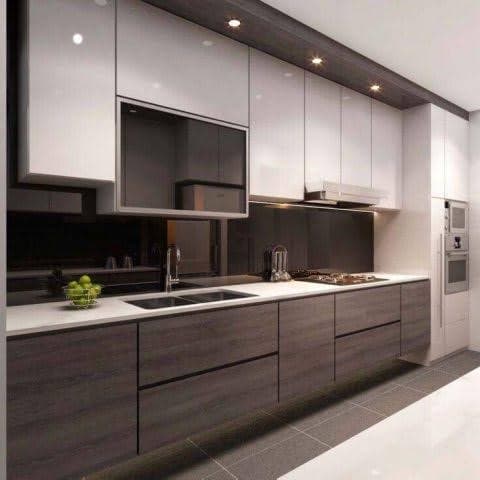 Modern grey-wood kitchen with glossy upper units
