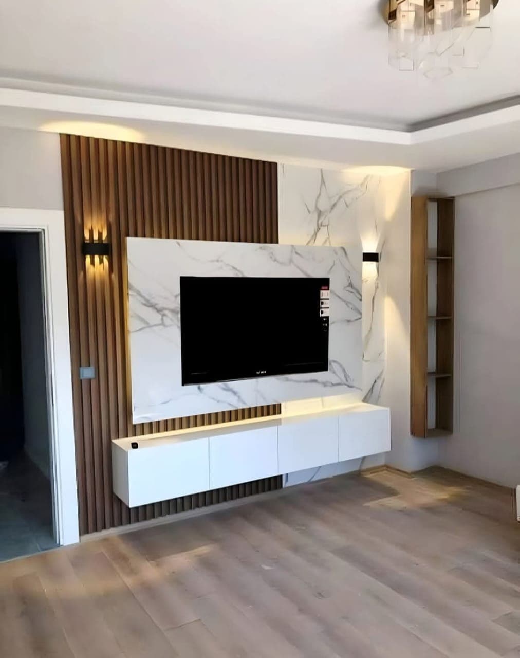 Floating TV unit with marble and wood-slat feature