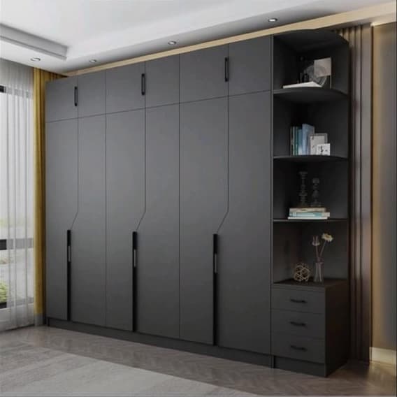 Charcoal six-door wardrobe with corner display unit